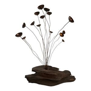 Mid-Century Modern Brutalist Copper & Driftwood Kinetic Mushroom Sculpture Brown